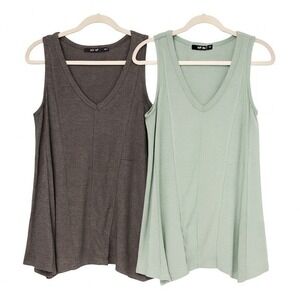 Doe & Rae Ribbed V Neck Sleeveless Tops Women S Gray & Mint Green (BUNDLE of 2)